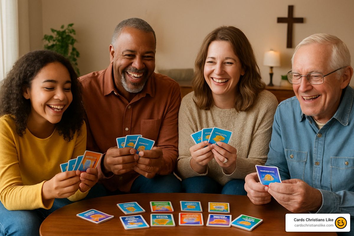Family playing christian card games together - christian card games