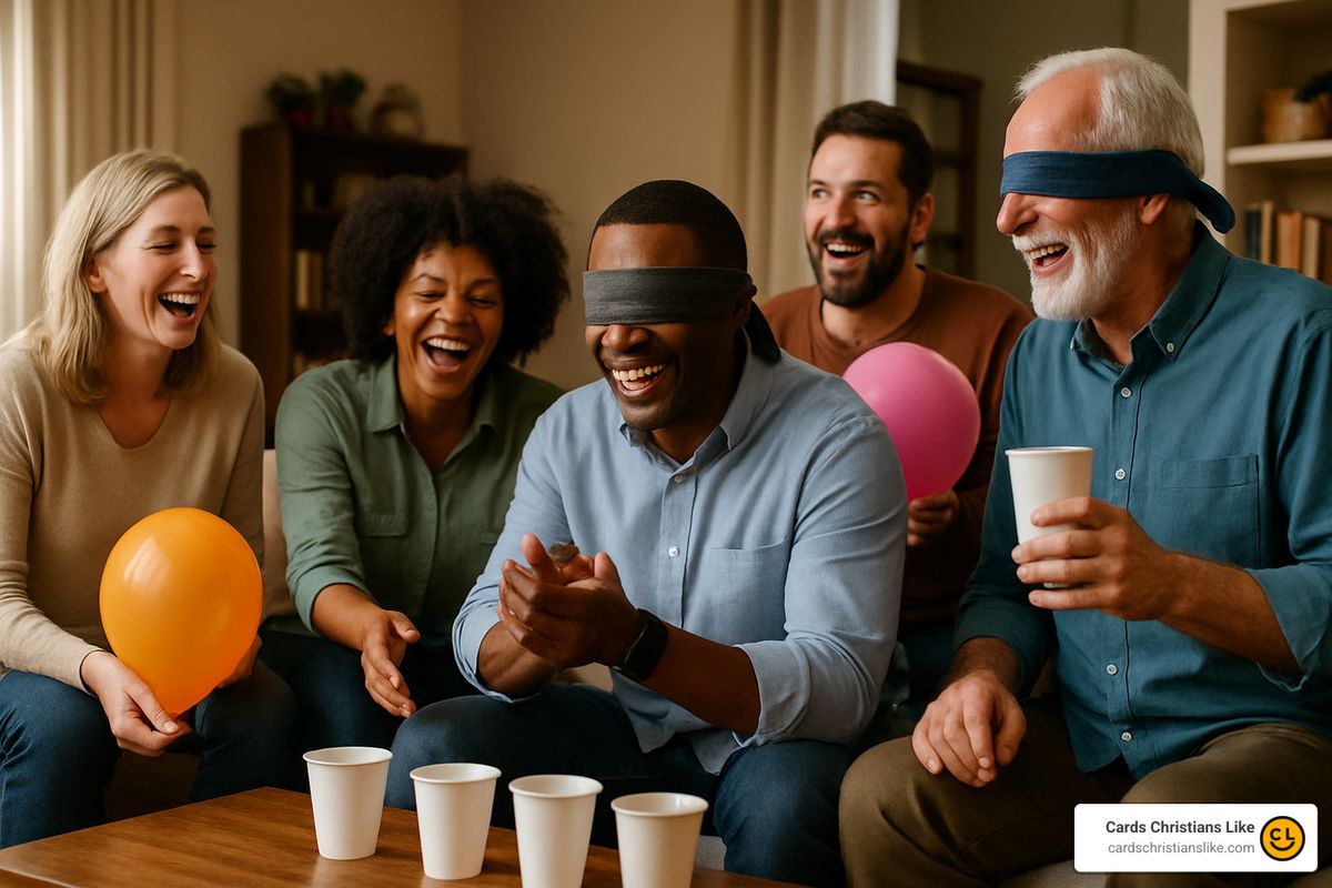Group playing christian adult party games with household items - christian adult party games