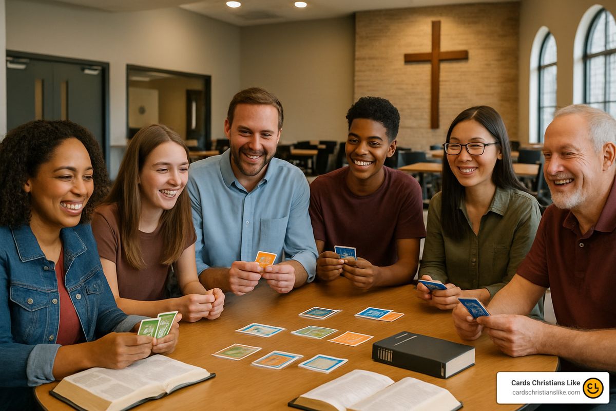 church small group playing bible card game - bible card game